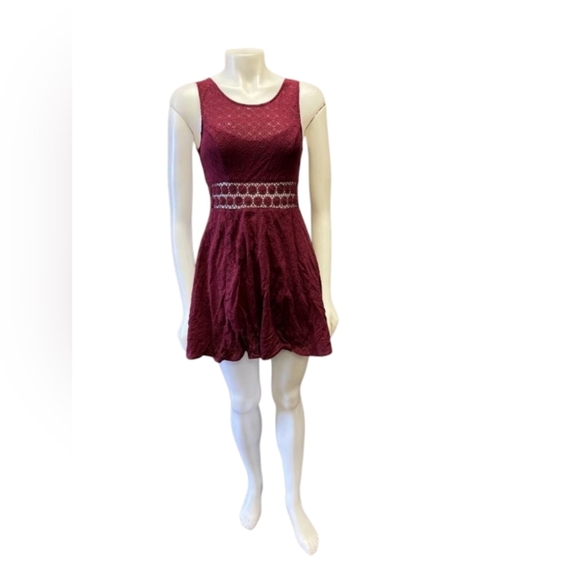 Free People EUC Burgundy Skater Dress Lace Daisy Overlay Mini Size 4 - Picture 3 of 12